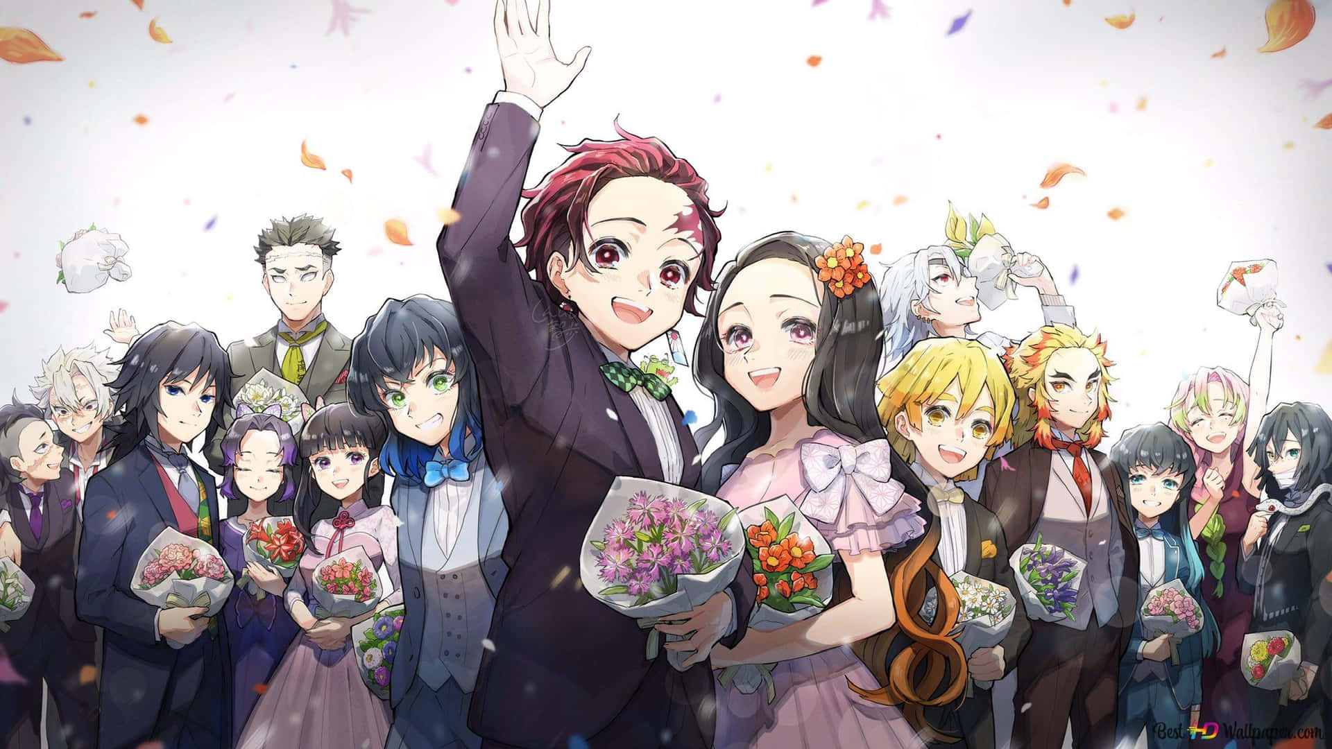 En gruppe anime-tegn med blomster i deres hænder Wallpaper