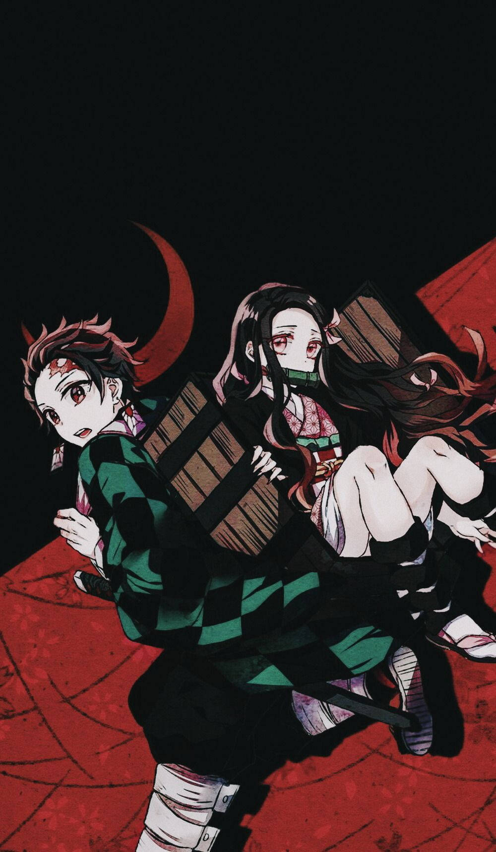 Demon Slayer wallpaper of Tanjiro  with a wooden box on his back containing Nezuko. 