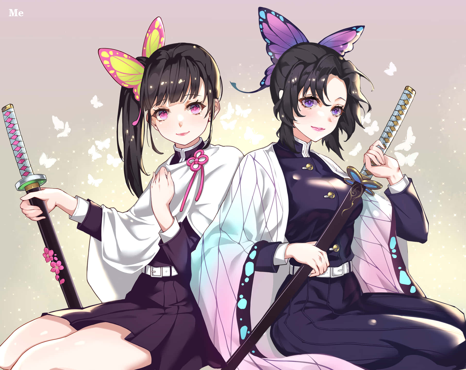 To anime piger med sværd og sommerfugle Wallpaper