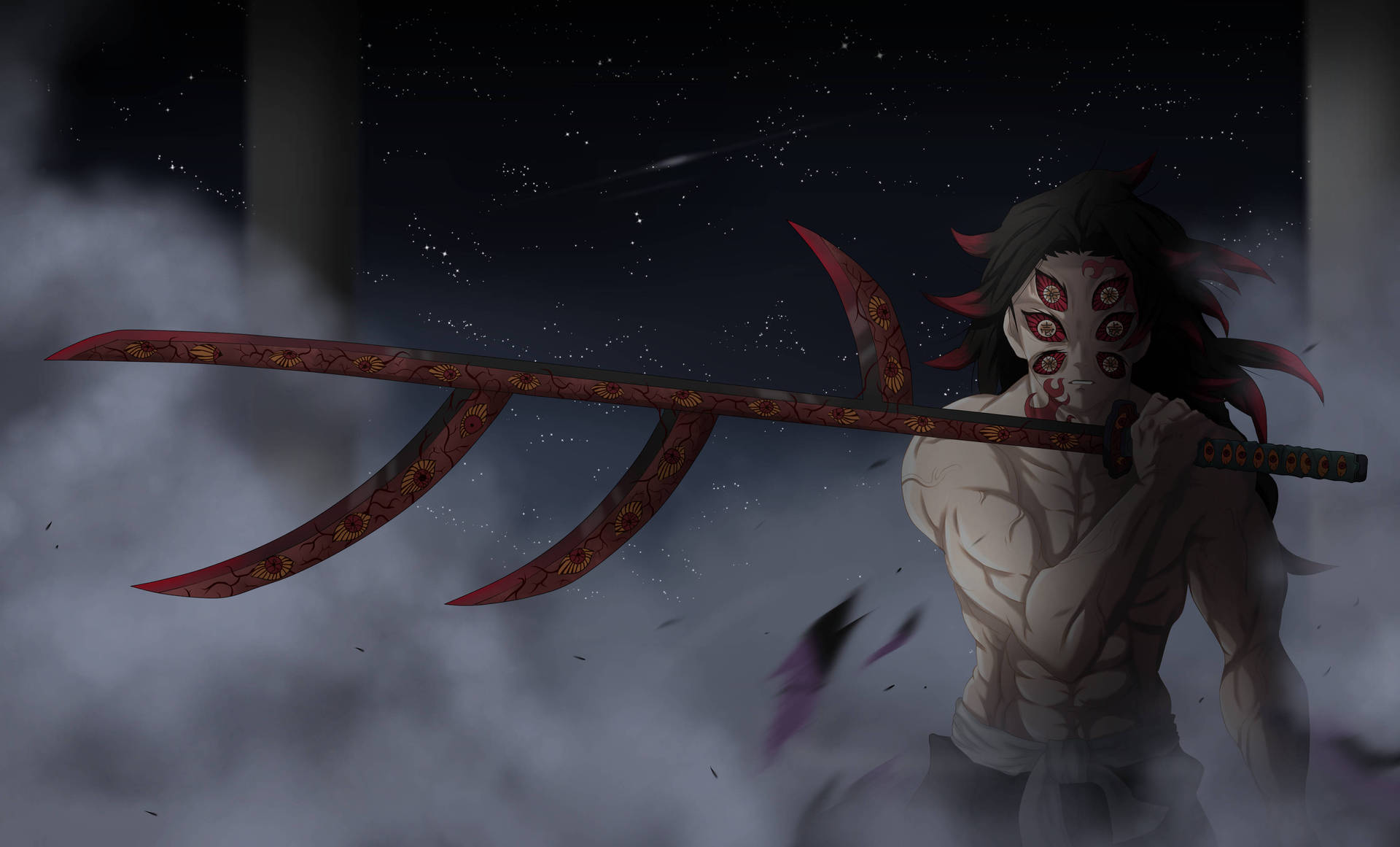 Boss Fight - Demon Slayer Kokushibo viser sin skræmmende ansigt. Wallpaper