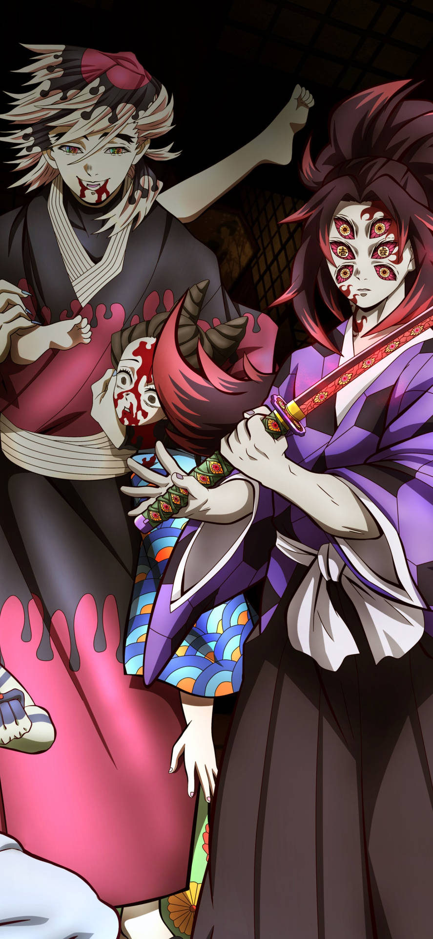 Ild og is konflikten som Demon Slayer Kokushibo udløser hans to sværd. Wallpaper