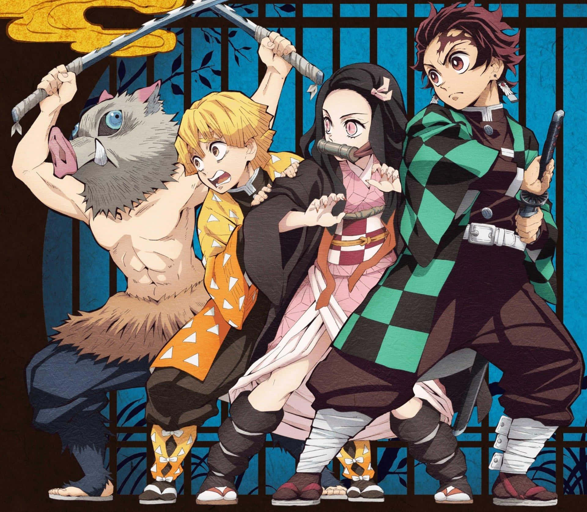 En gruppe anime-karakterer med sværd, der svæver i baggrunden. Wallpaper