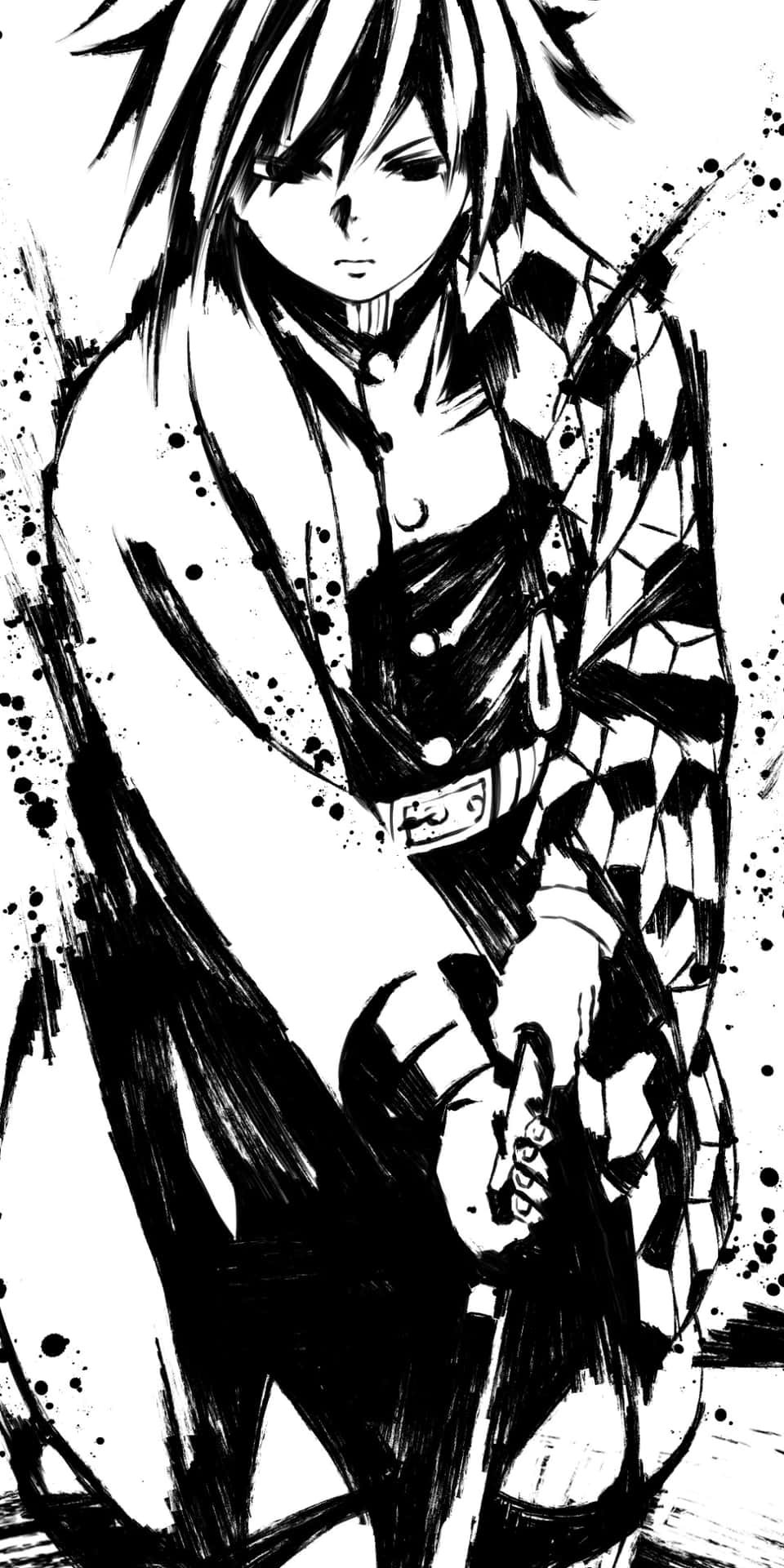 Et sort og hvidt tegning af en karakter med langt hår Wallpaper