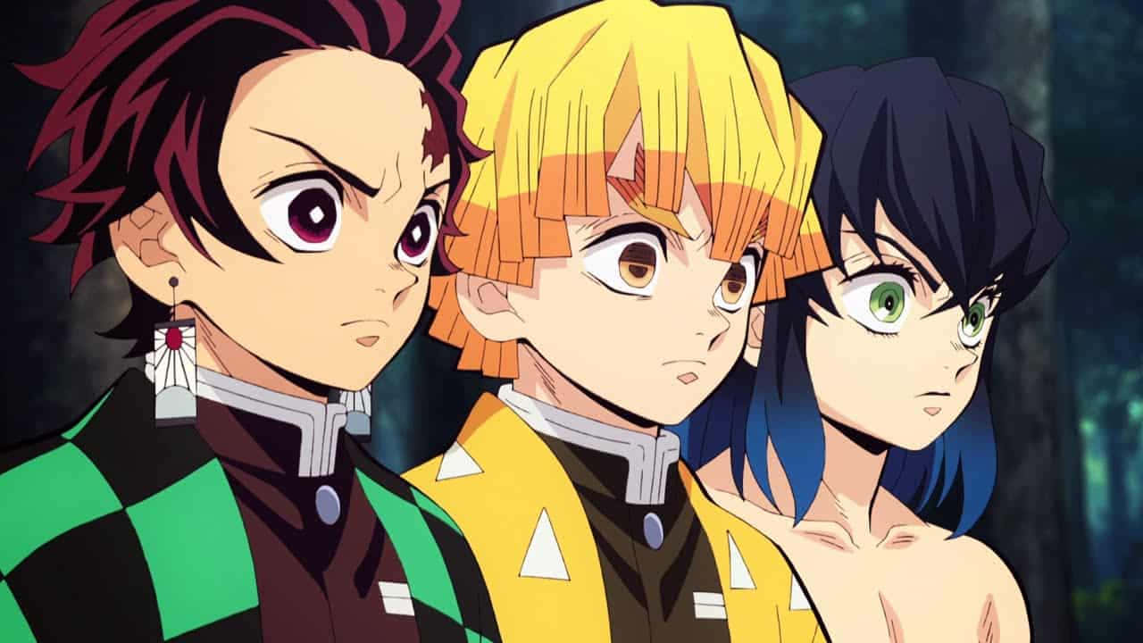 Trêspersonagens De Anime Em Pé Na Floresta.