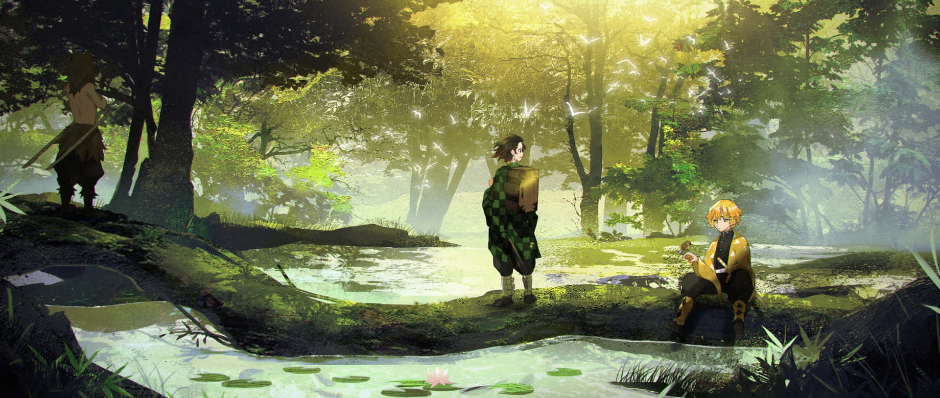 Demon Slayer Scenery Characters Forest River Wallpaper