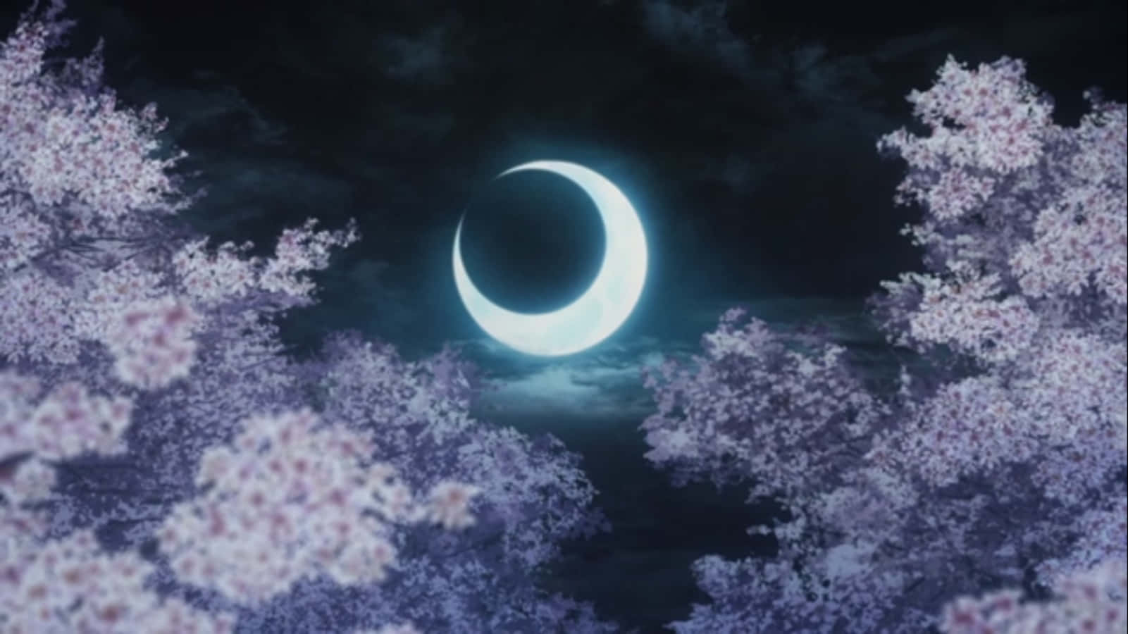 Demon Slayer Scenery Crescent Moon Cherry Blossoms Wallpaper