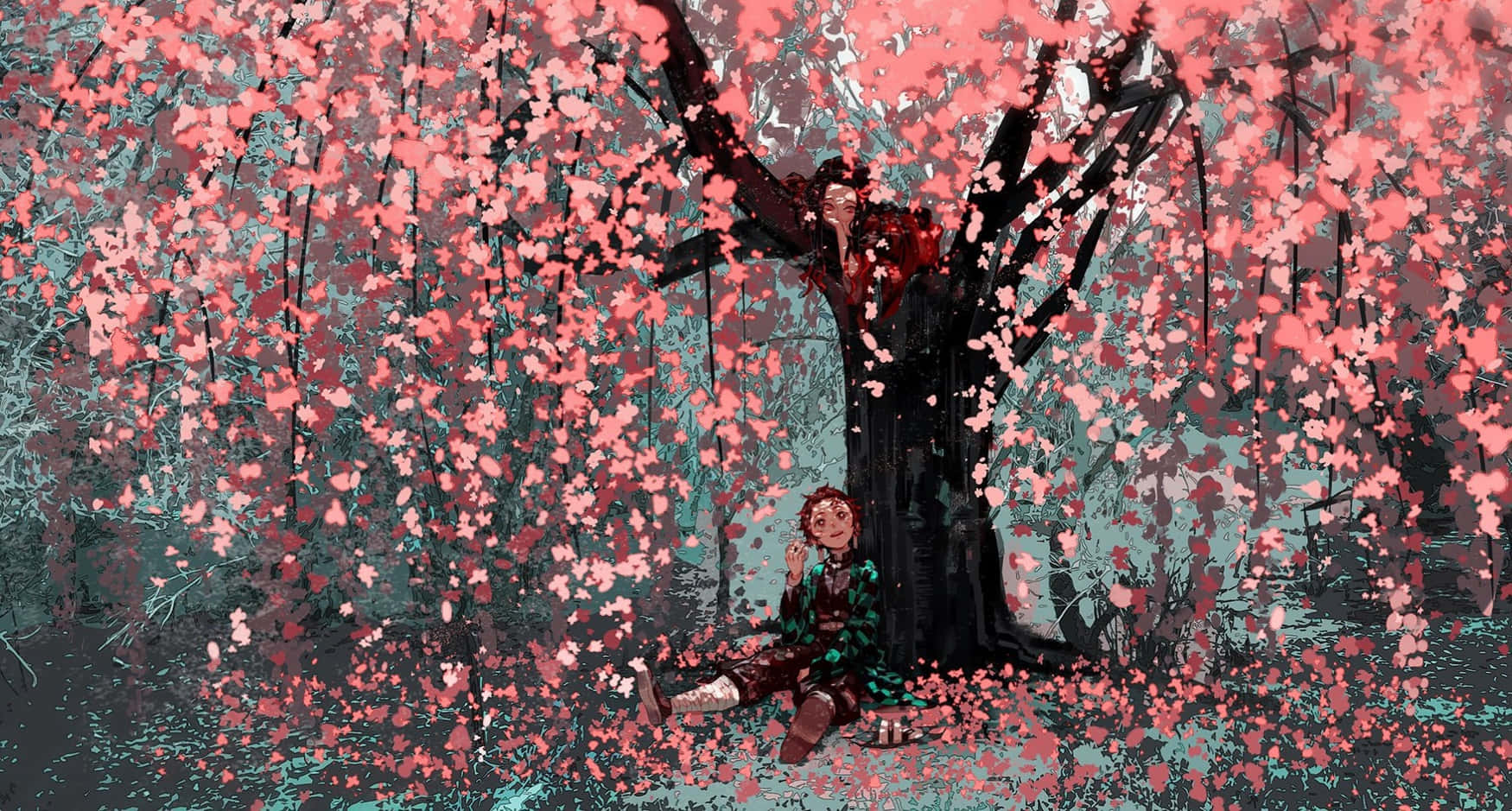 Demon Slayer Sceneri Kirsebærblomstre Træ Tanjiro Tapet Wallpaper