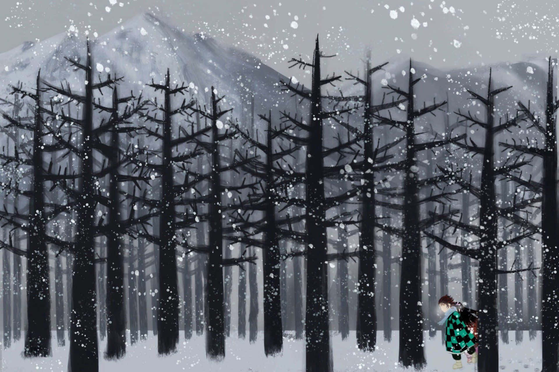 Escenariode Demon Slayer: Tanjiro En Un Bosque De Invierno Fondo de pantalla