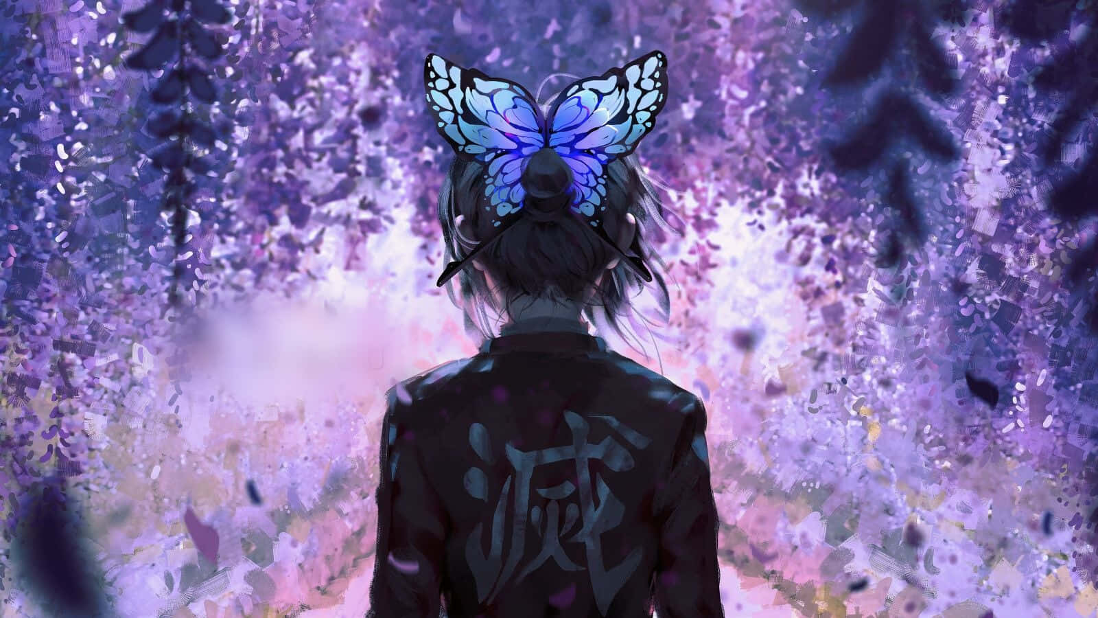 Demonslayer Scenery Shinobu Körsbärsblommor Fjärilar. Wallpaper