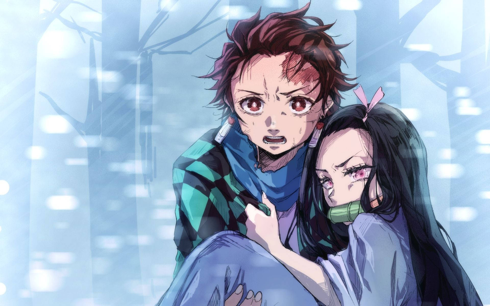 Nezuko is saved by her brave brother - Tanjiro Kamado. Wallpaper