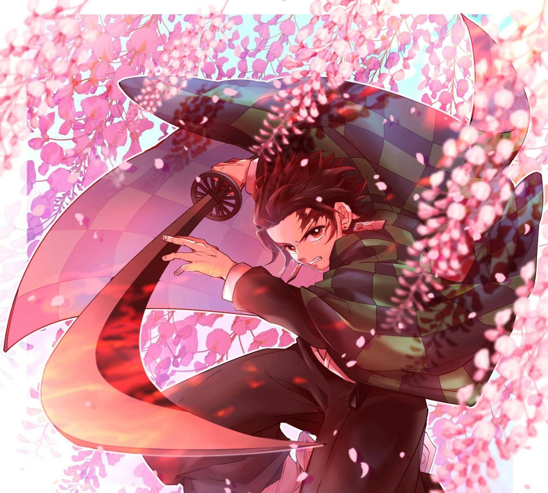 Demon Slayer Tanjiro Pink Flowers Wallpaper