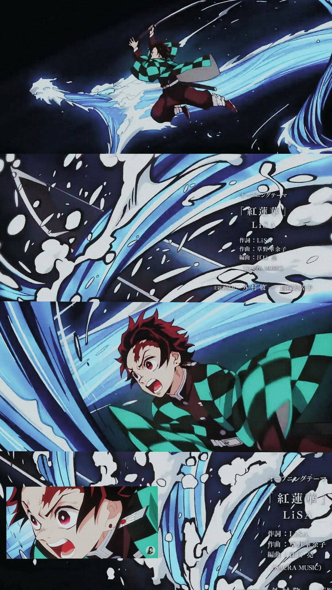 Demon Slayer wallpaper of Tanjiro Kamado performing a water breathing technique. 