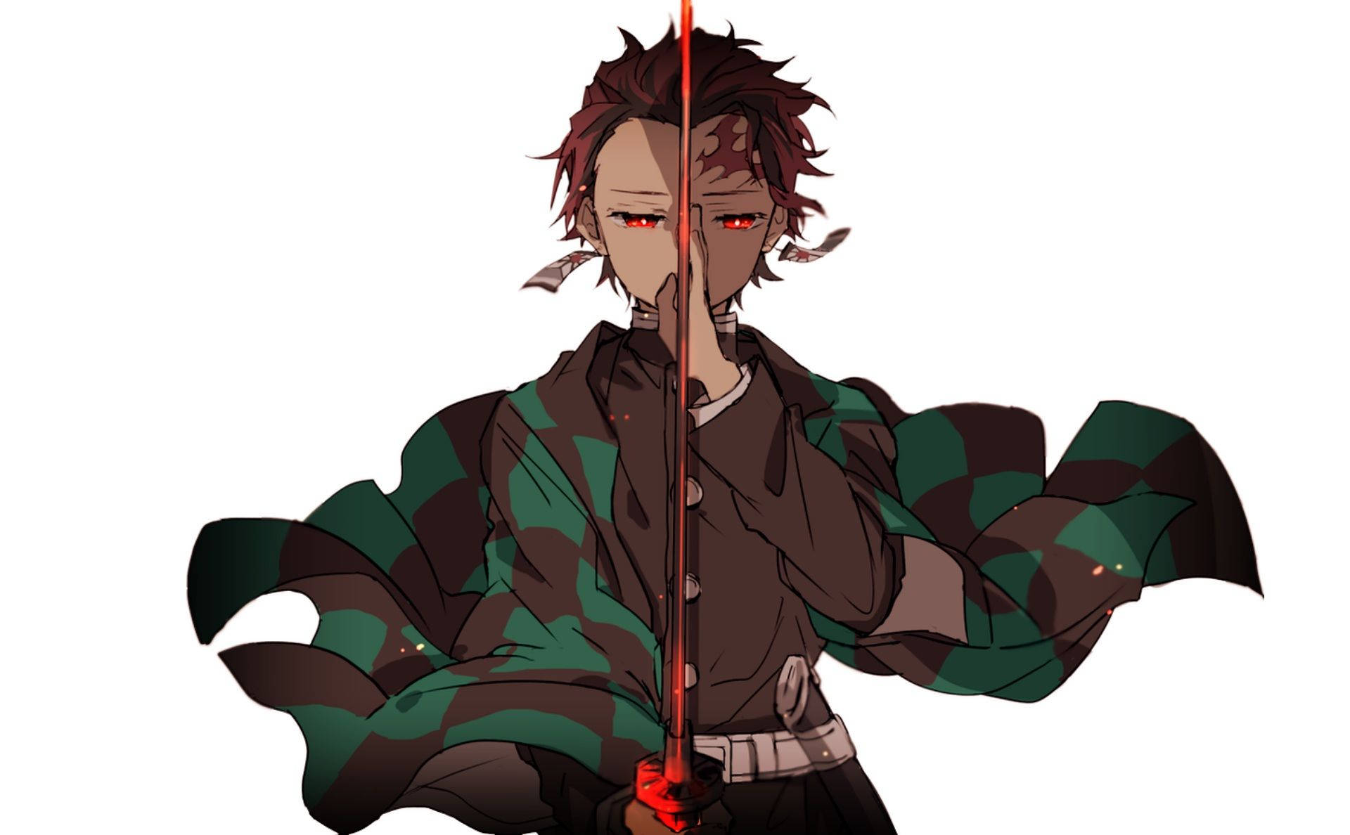 Demon Slayer Kamado Tanjiro with red eyes wearing Hanafuda earrings and checkered green and black coat holding his crimson and black sword.  