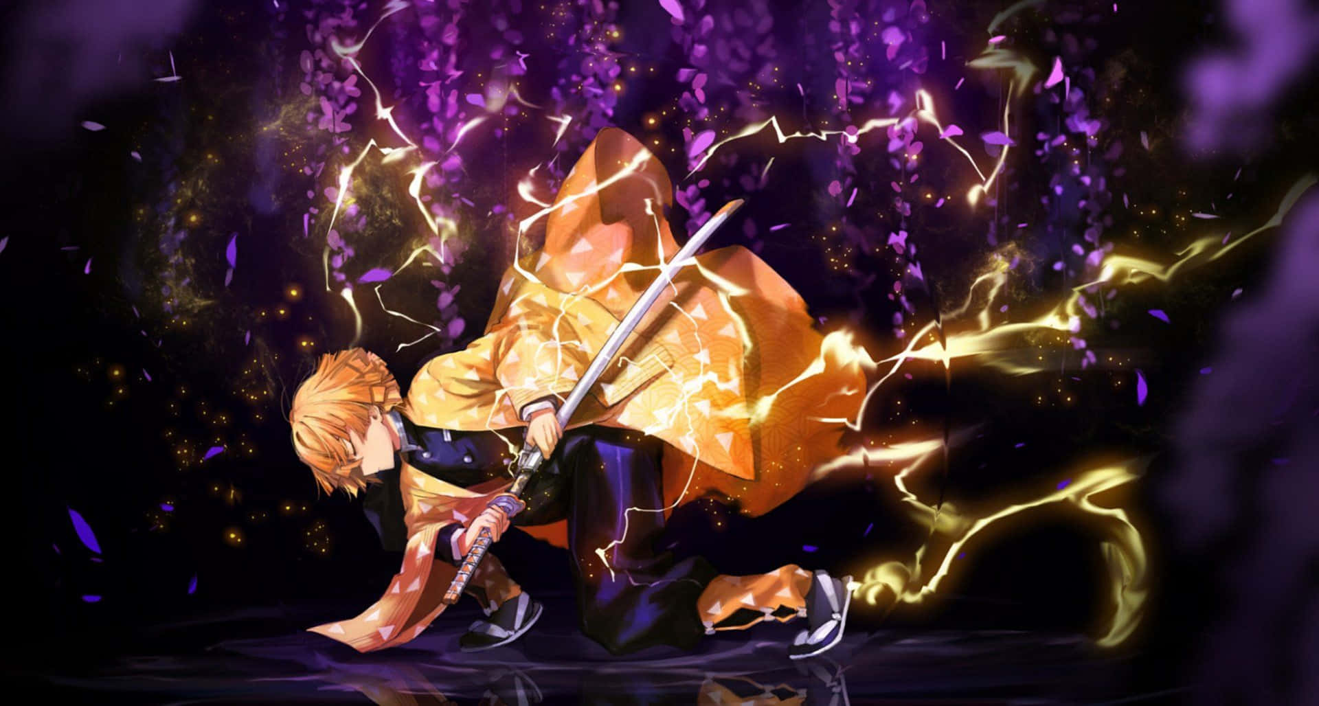 The courageous Zenitsu Agatsuma fights bravely against a demon. Wallpaper