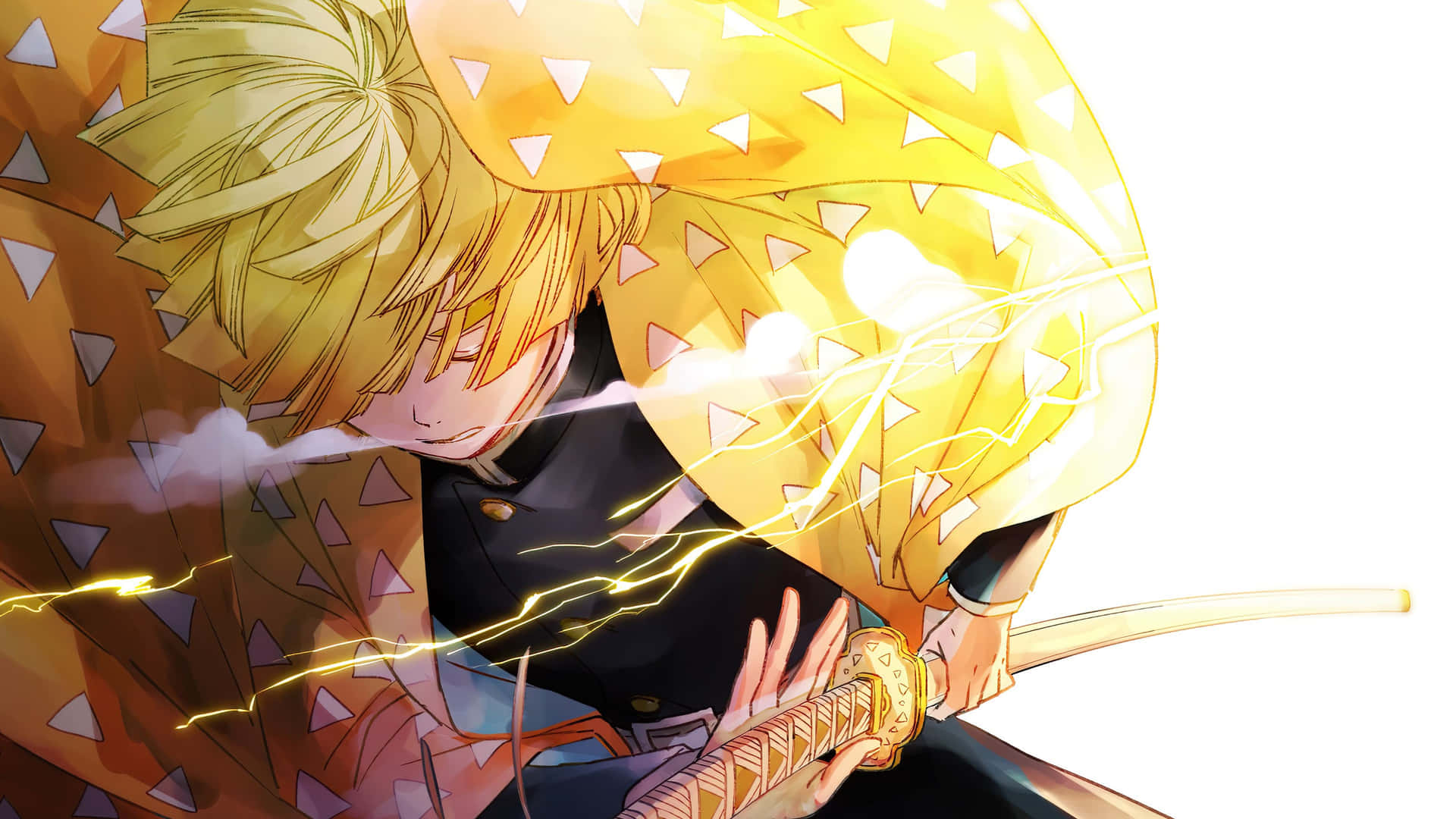 Zenitsu from the anime Demon Slayer wears his signature lightning Kimono Wallpaper