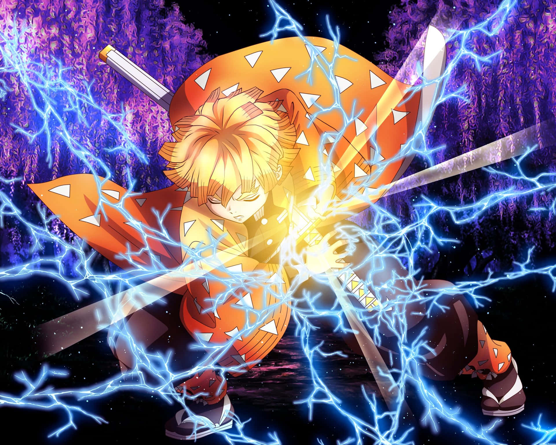 Zenitsu Agatsuma wielding his Nichirin blade in Demon Slayer Wallpaper