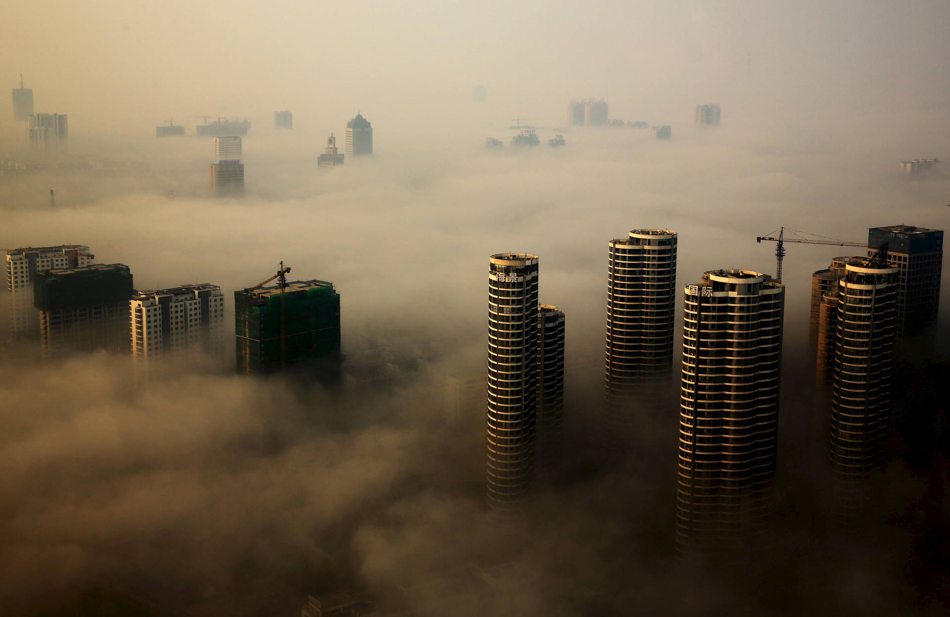 Dense Smog High Rise Buildings China Wallpaper