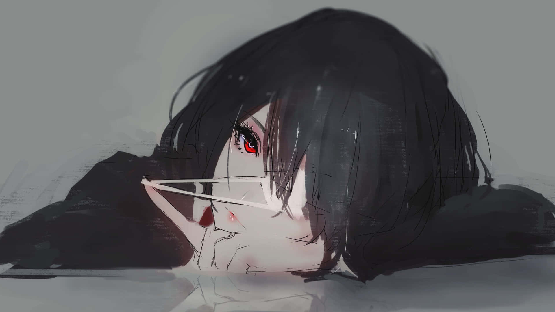 A Girl With Black Hair And Red Eyes Is Laying On The Ground Wallpaper