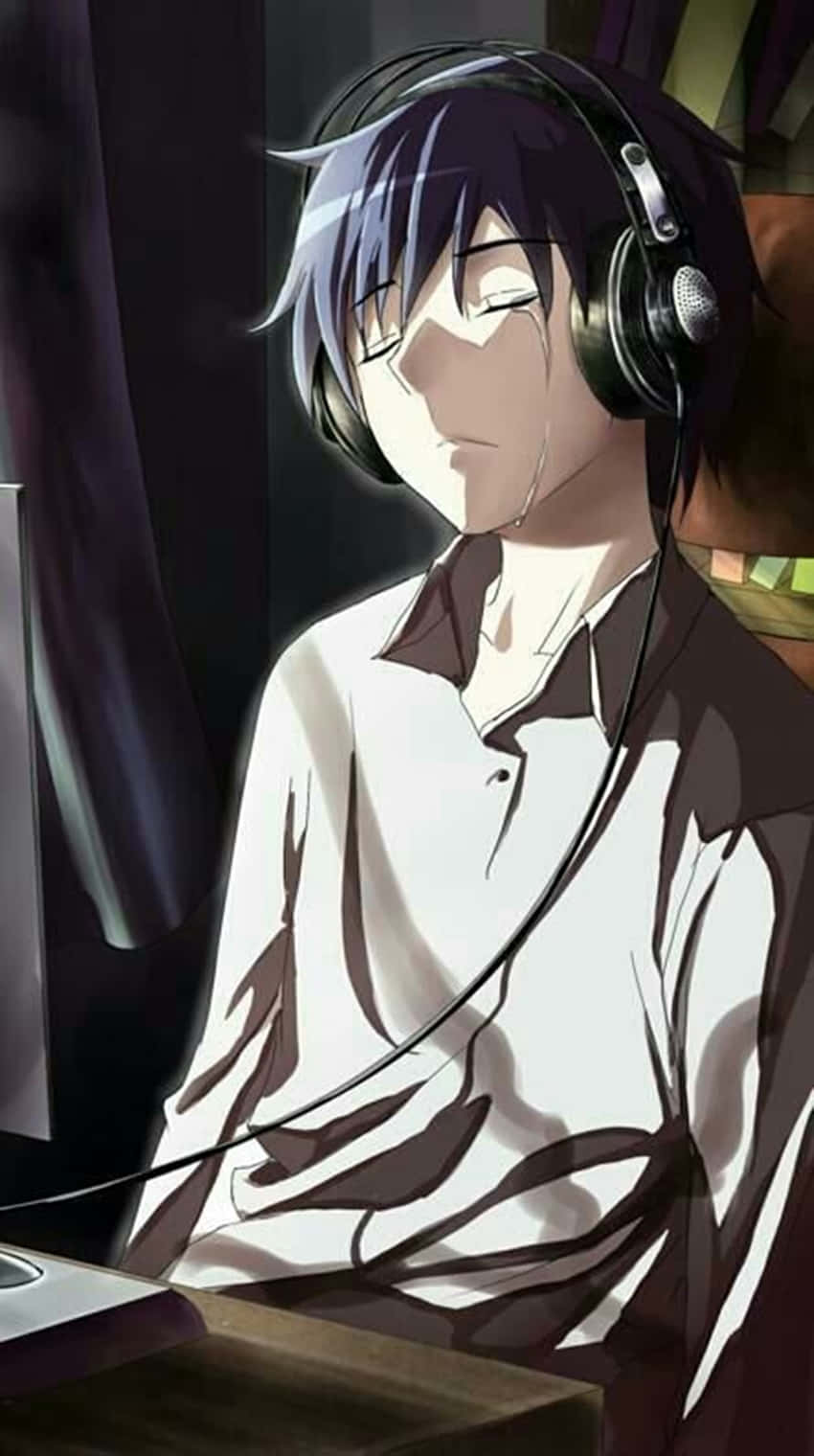 Depressed Anime Boy Wearing Headphones Wallpaper