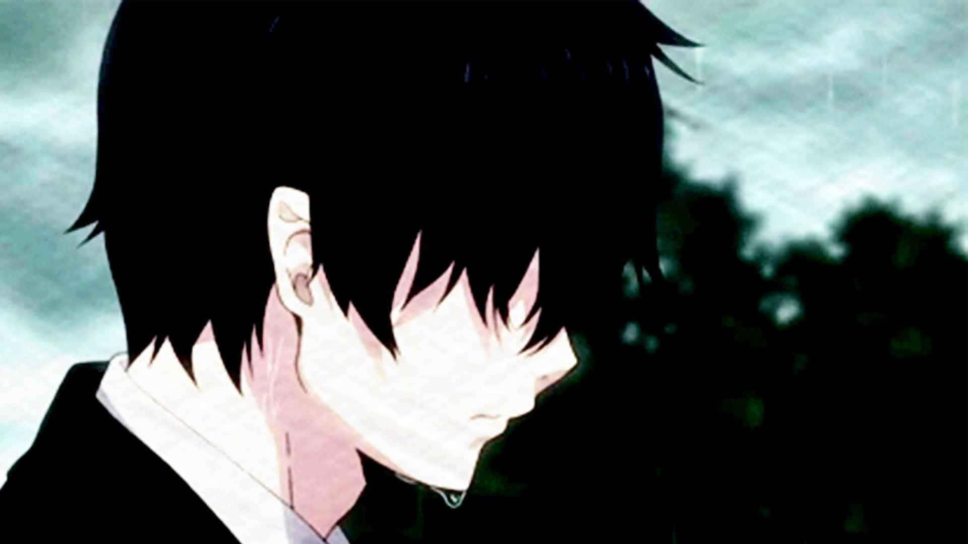 A lonely young anime boy in an empty landscape, feeling overwhelmed with sadness. Wallpaper
