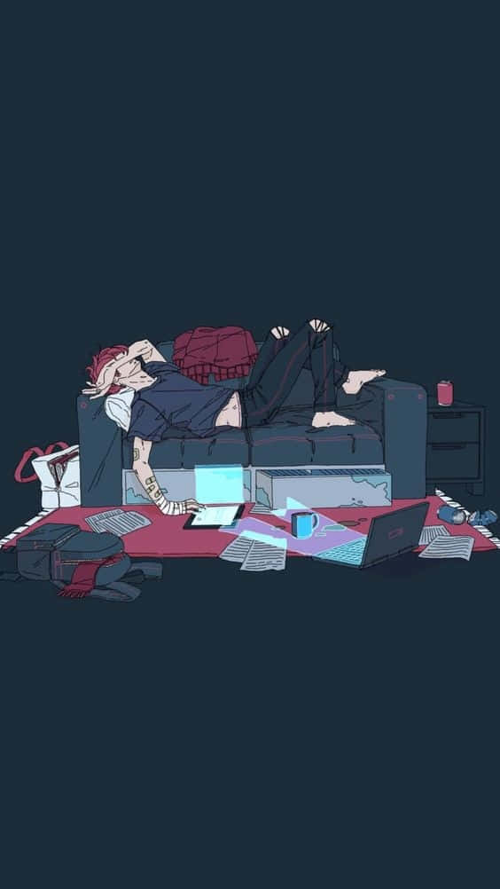 Depressed Anime Boy On Sofa Wallpaper