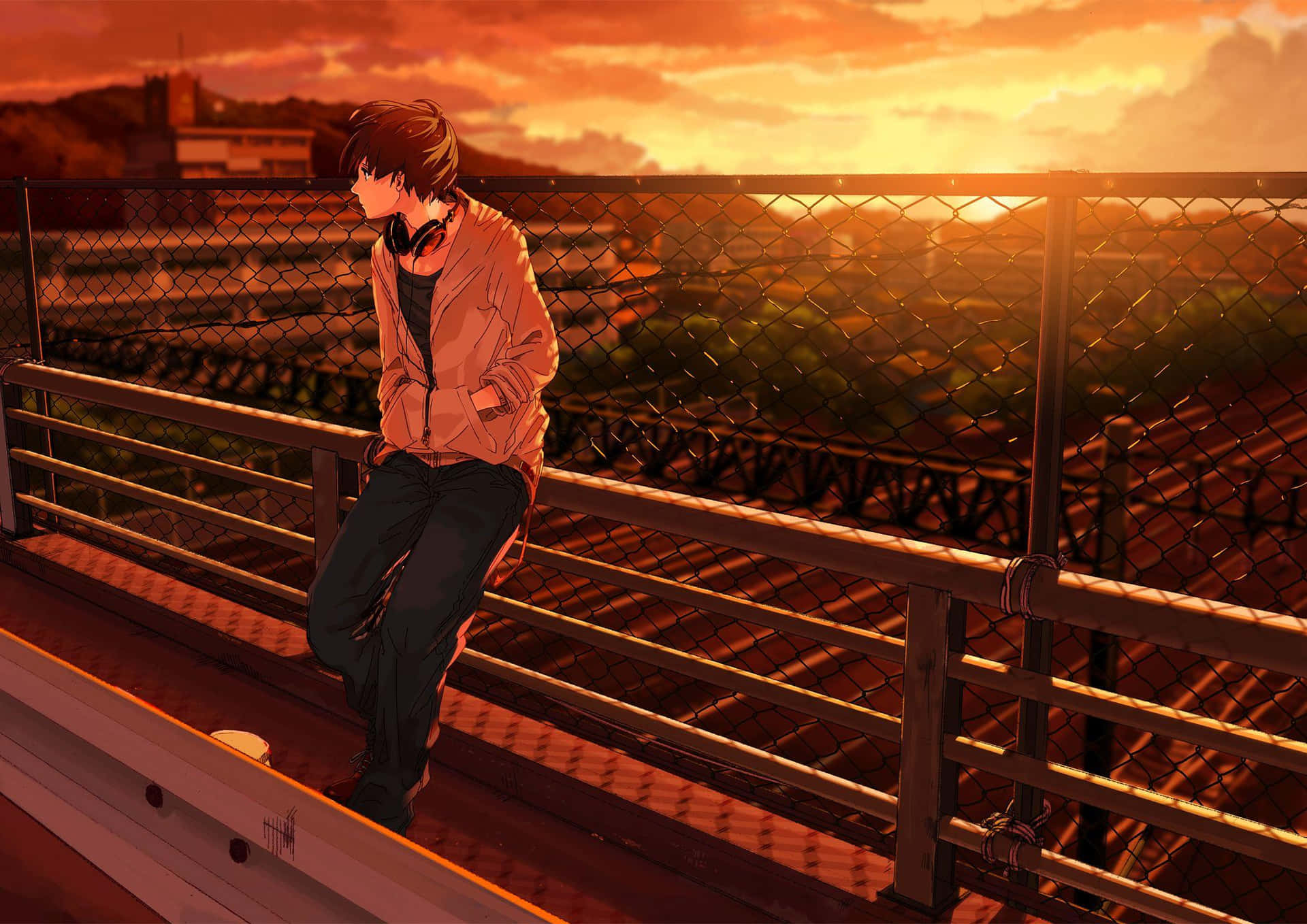 Depressed Anime Boy On Railing At Sunset Wallpaper