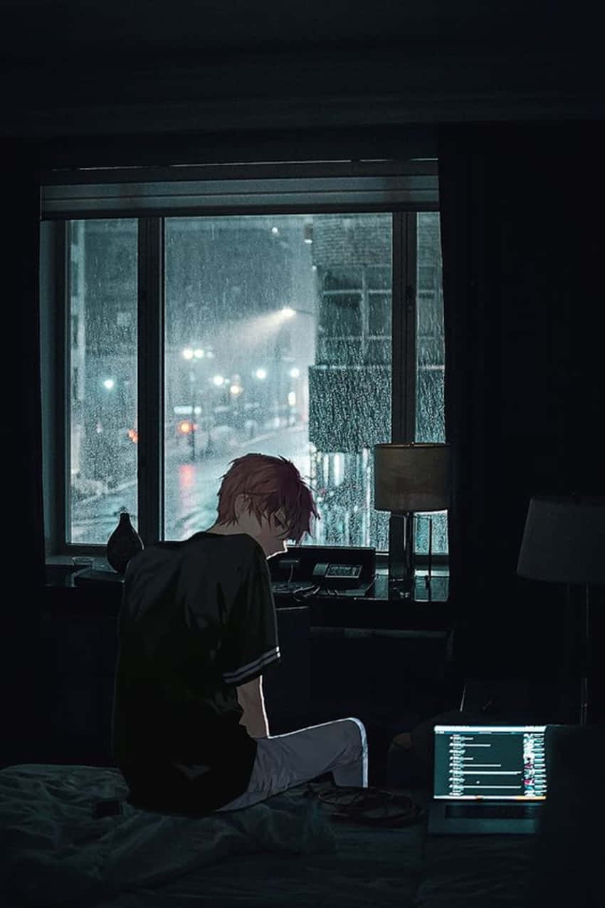 Depressiveranime Junge, Laptop Bei Regen Wallpaper