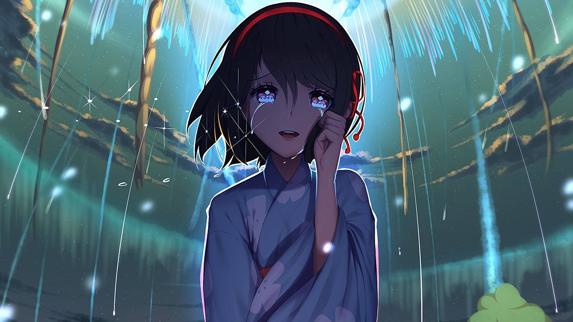 Depressed Anime Girl Blue Kimono Wallpaper
