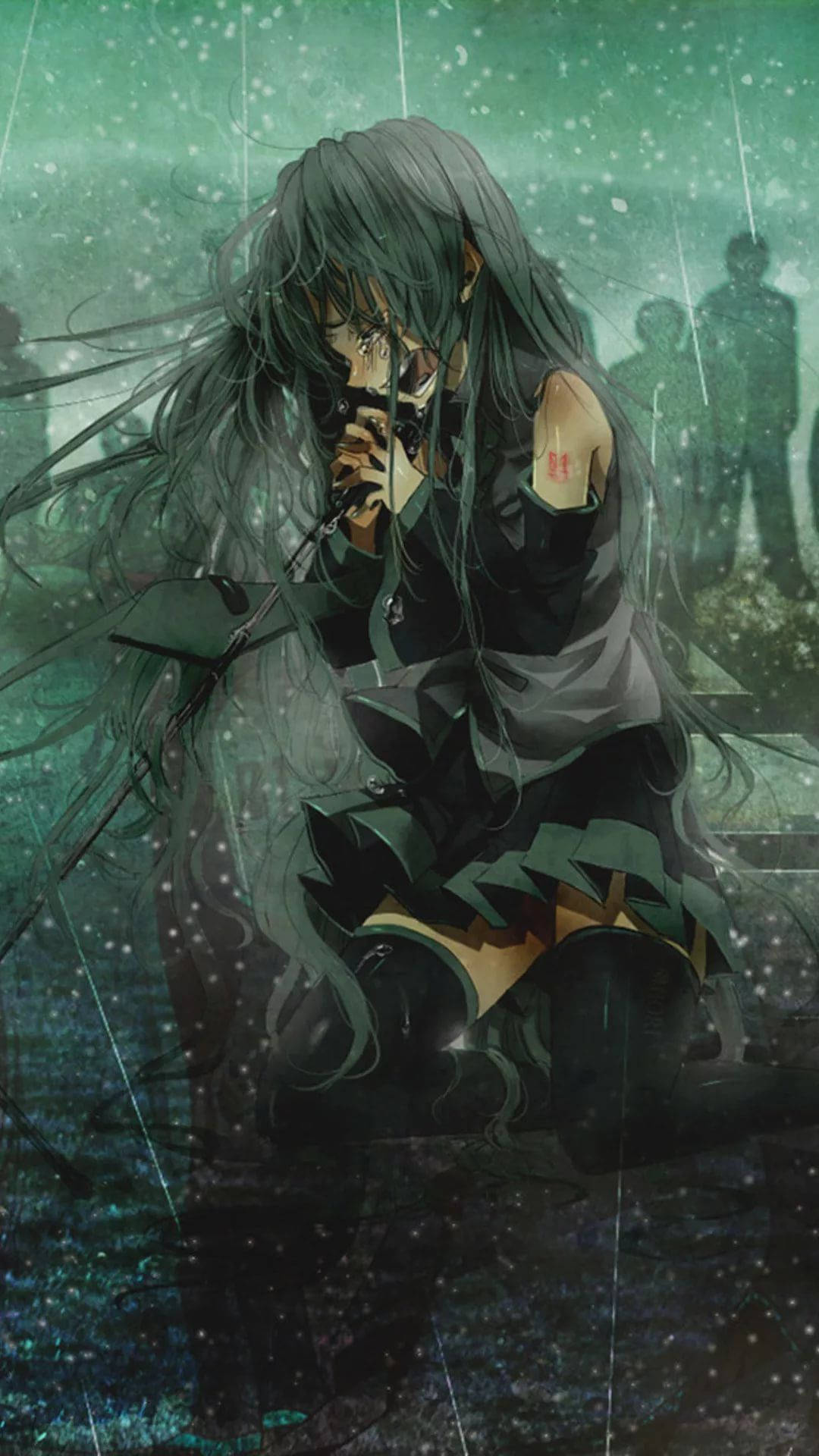 Depressed Anime Girl Green Sky Wallpaper