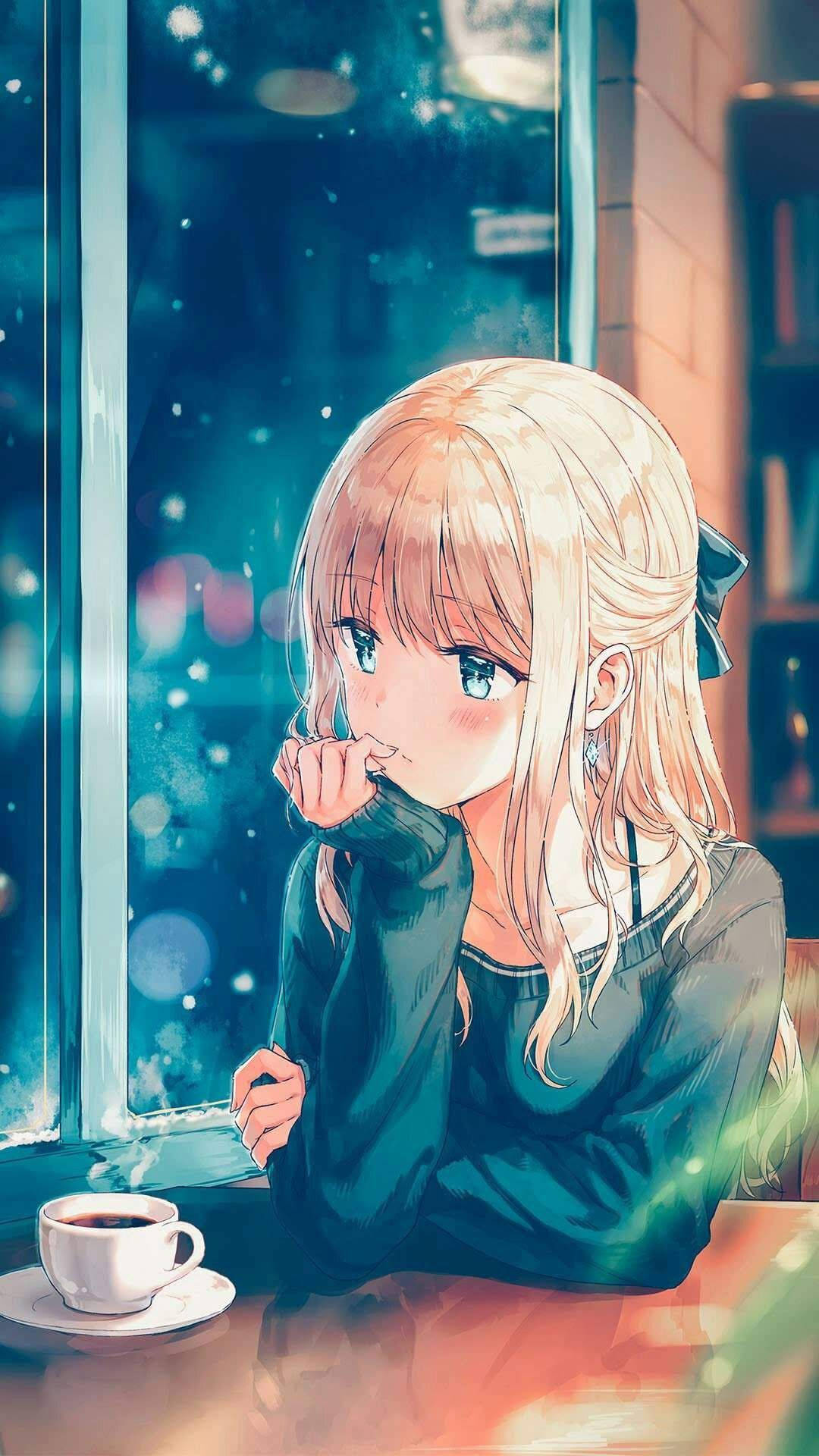 Depressed Anime Girl Having Coffee Wallpaper