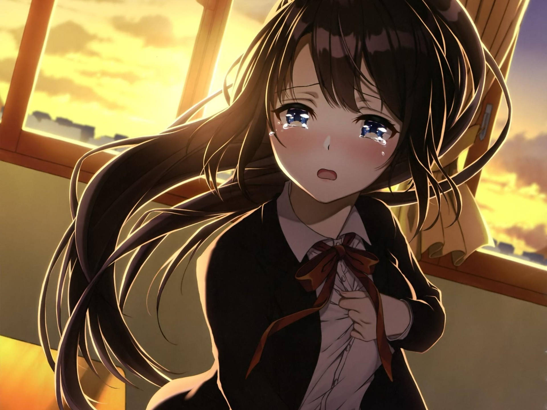 Depressed Anime Girl In Classroom Wallpaper