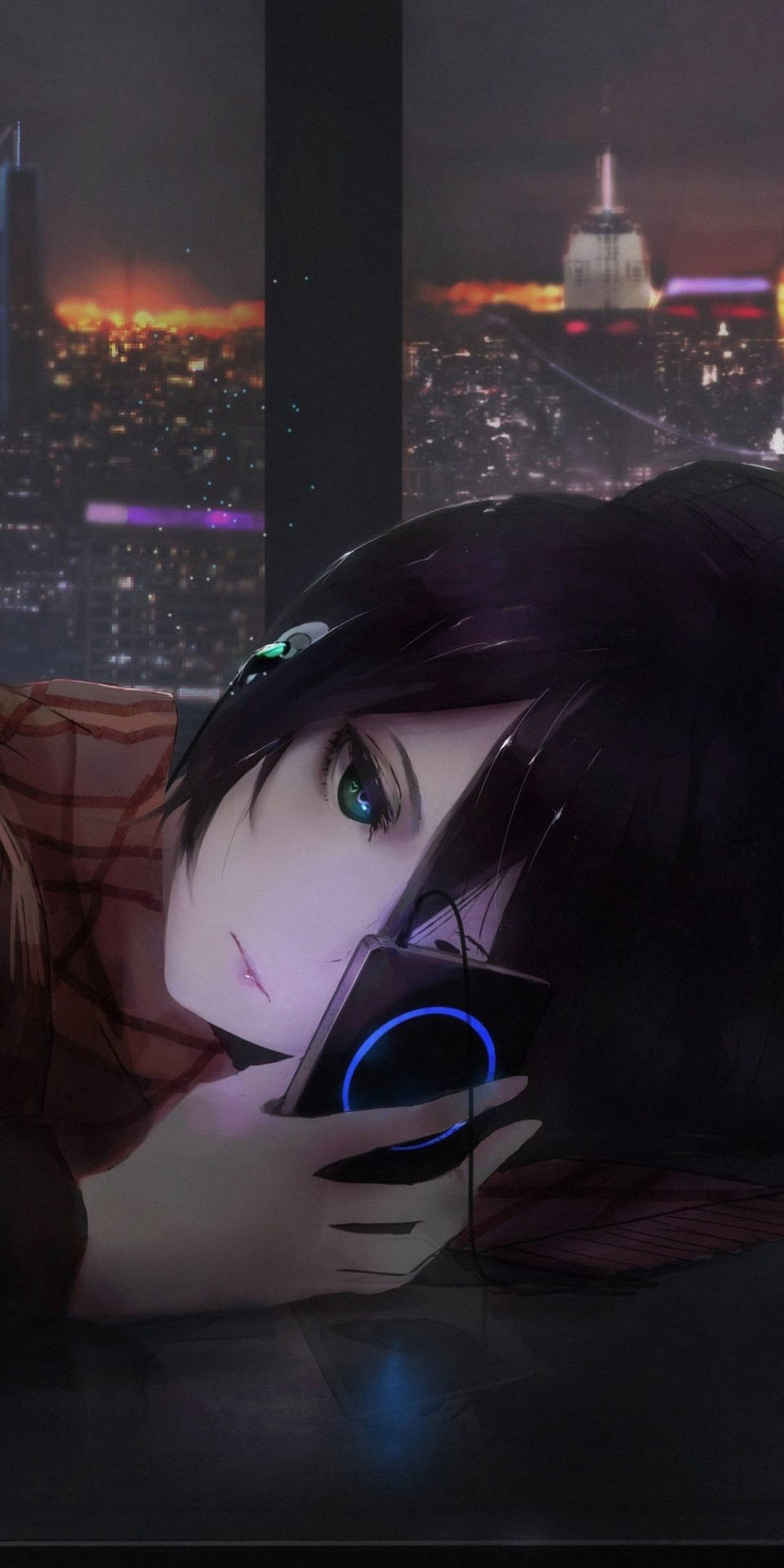 Depressed Anime Girl Music City Lights Wallpaper