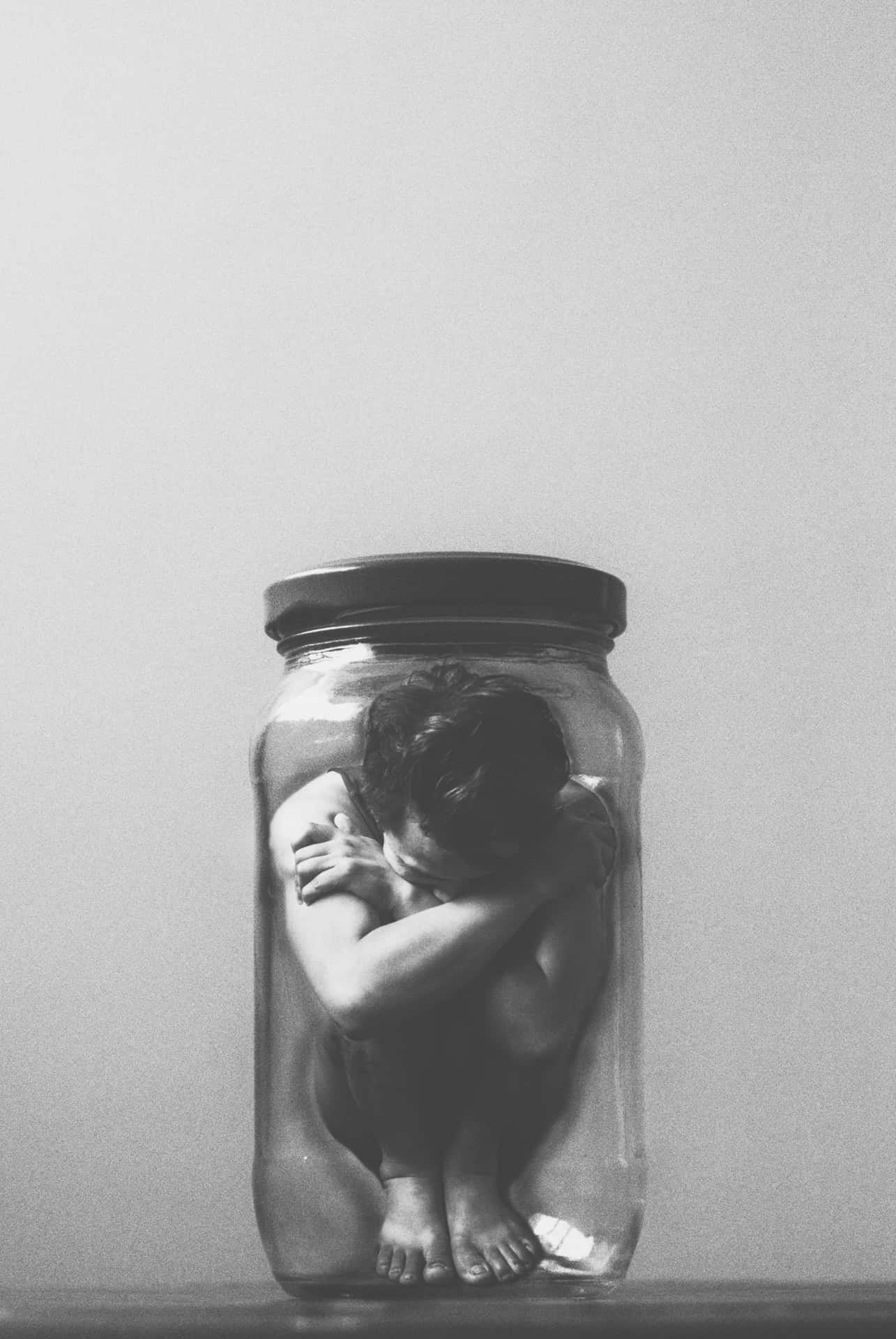 A Person Is Sitting In A Glass Jar