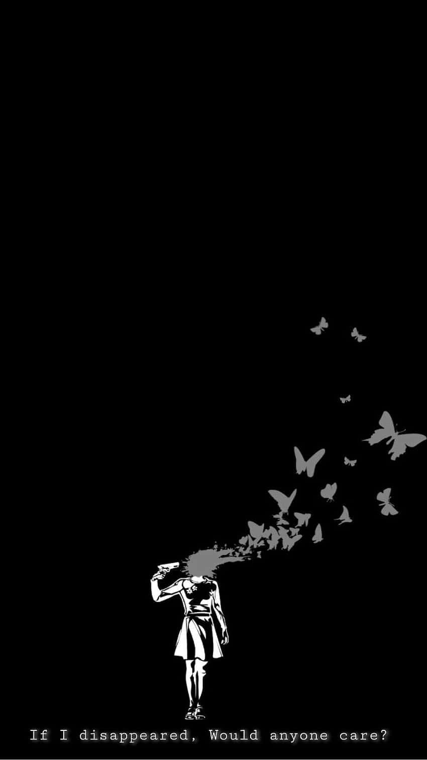 Et sort og hvidt billede af en person med fugle flyvende omkring dem. Wallpaper