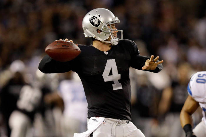 Caption: Derek Carr brilliantly executing a play on the field. Wallpaper