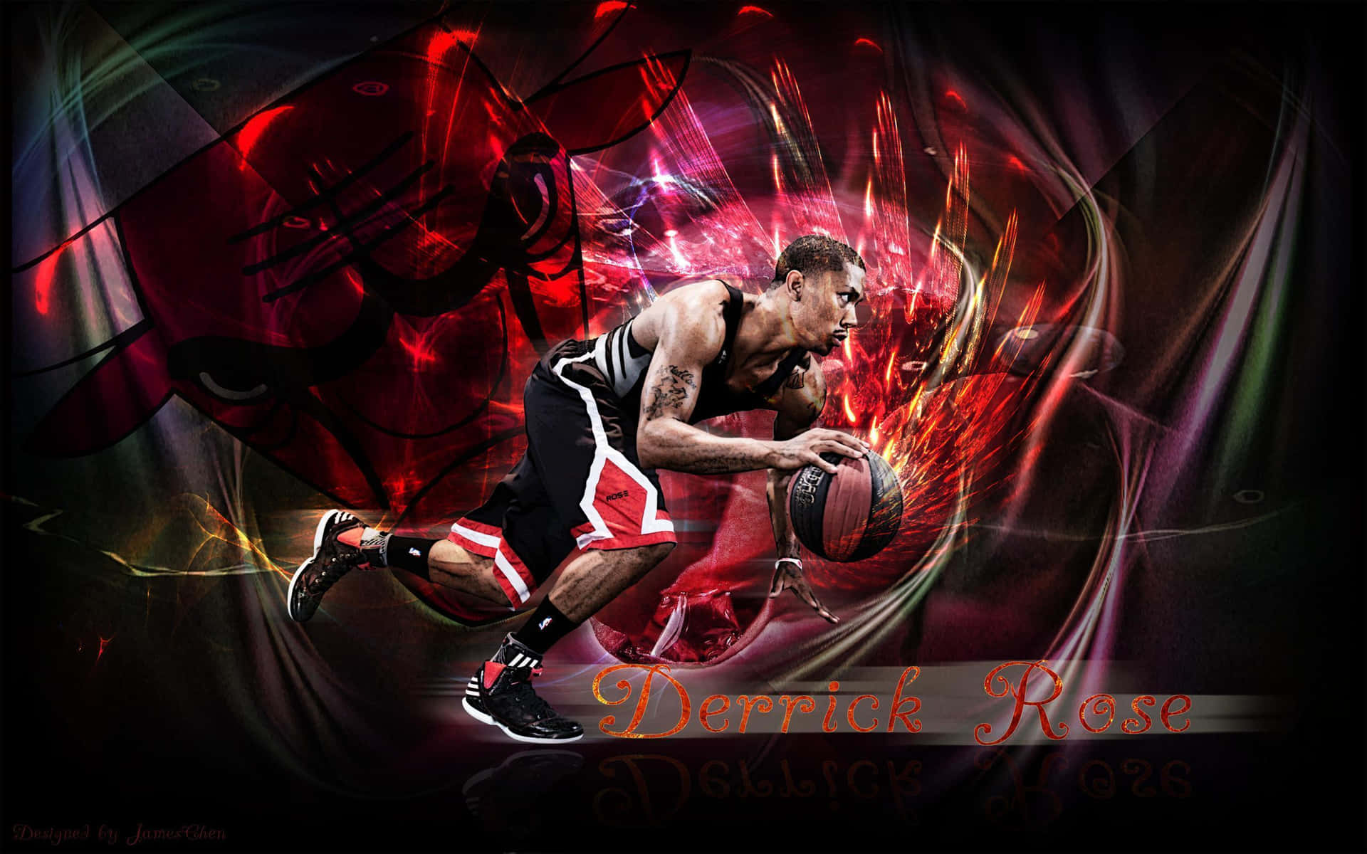 Derrick Rose stands in front of the hoop ready to make a shot. Wallpaper