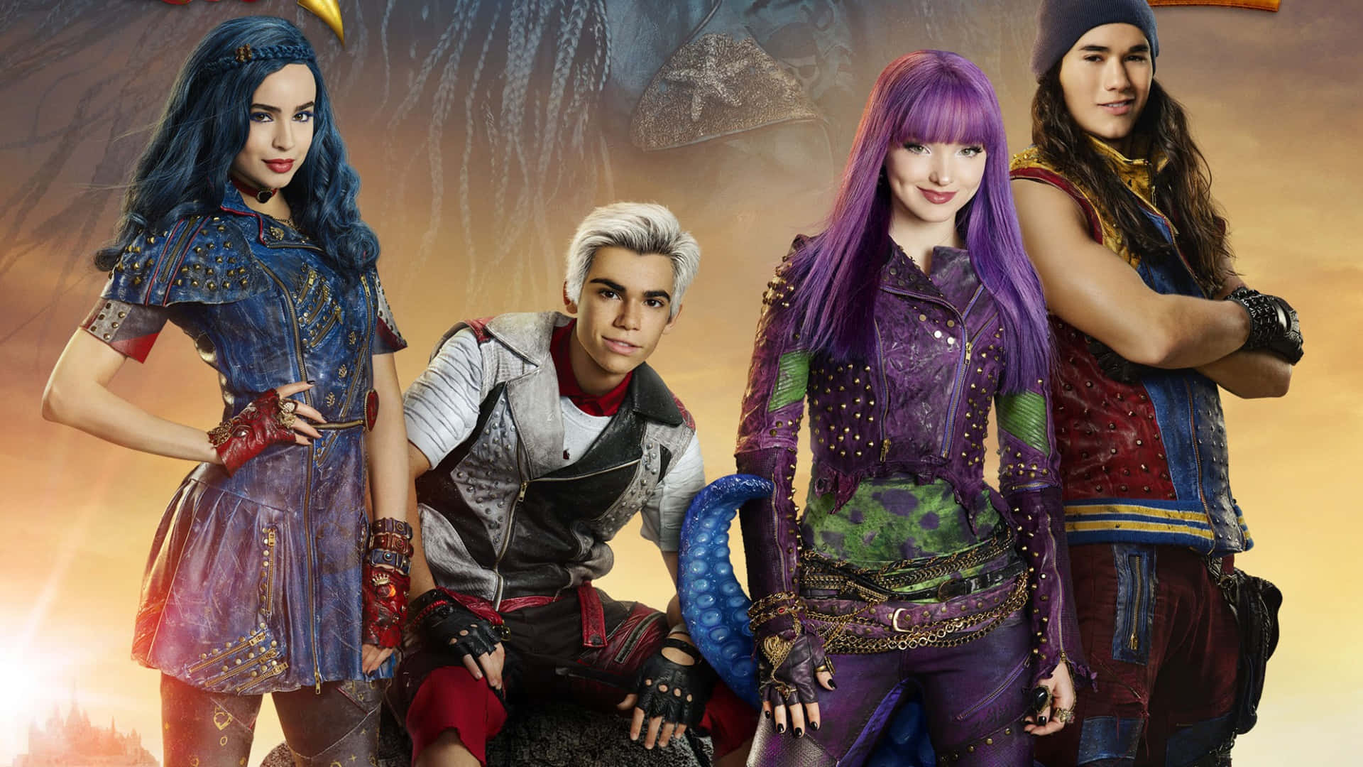Descendants movie cast posing together in a visually striking background