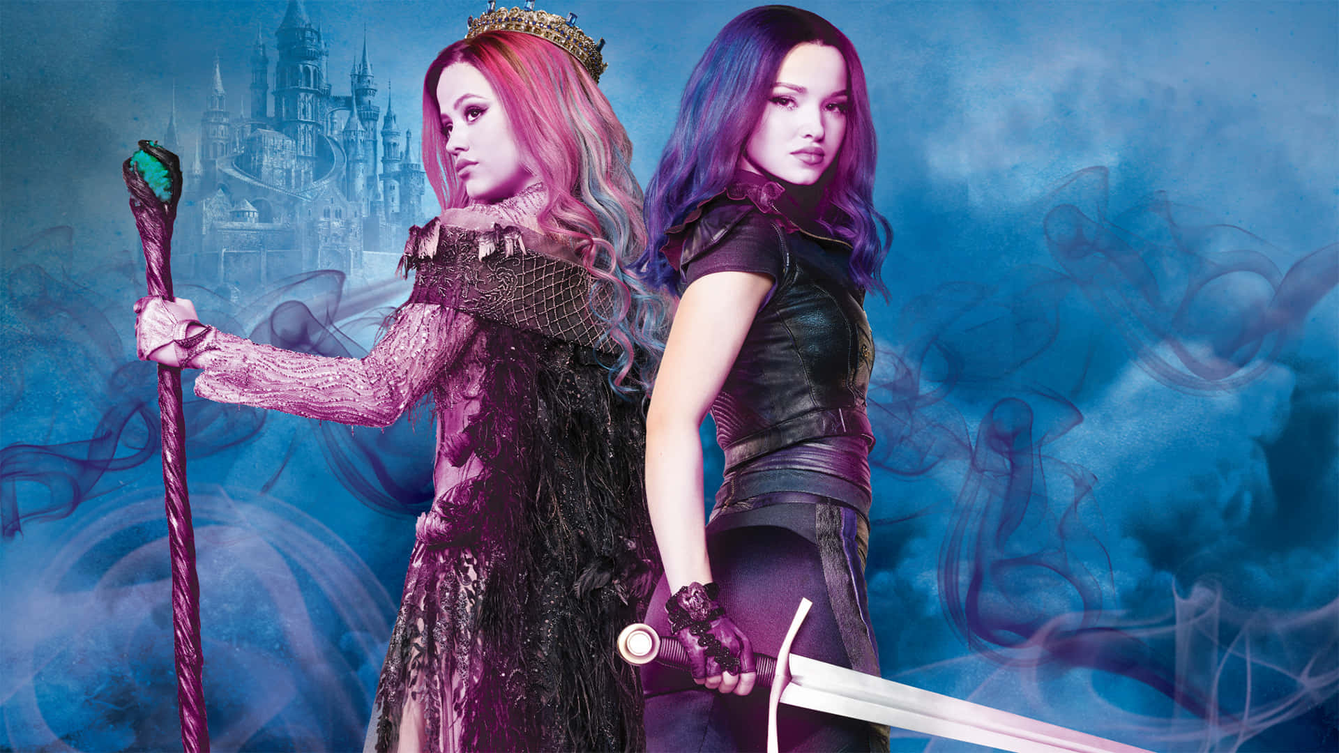 The main characters of Disney's Descendants posing together in an enchanting scene.