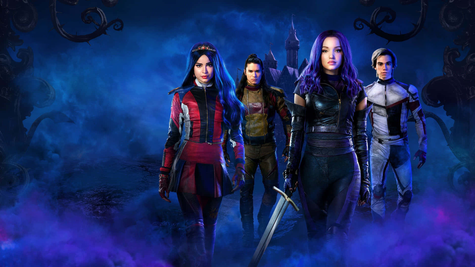 Descendants - The main cast of Disney's Descendants assembled together against a graffiti-style background.