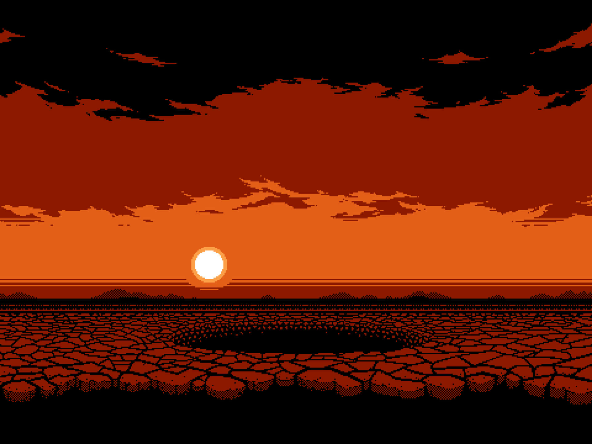 Etbillede Af En Ørkenlandskab Med En Pixeleret Grafik Og Solnedgang I Baggrunden.