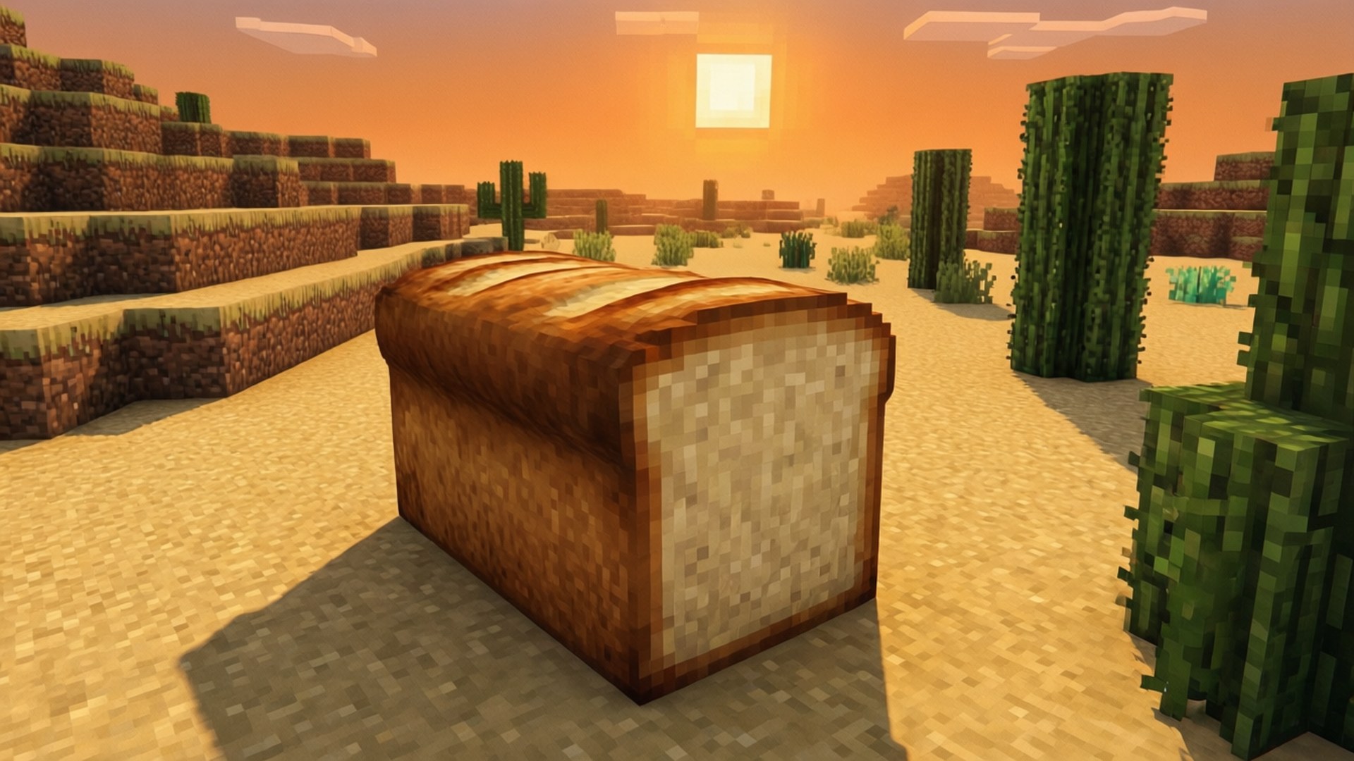 A Minecraft bread loaf in a desert with cacti.