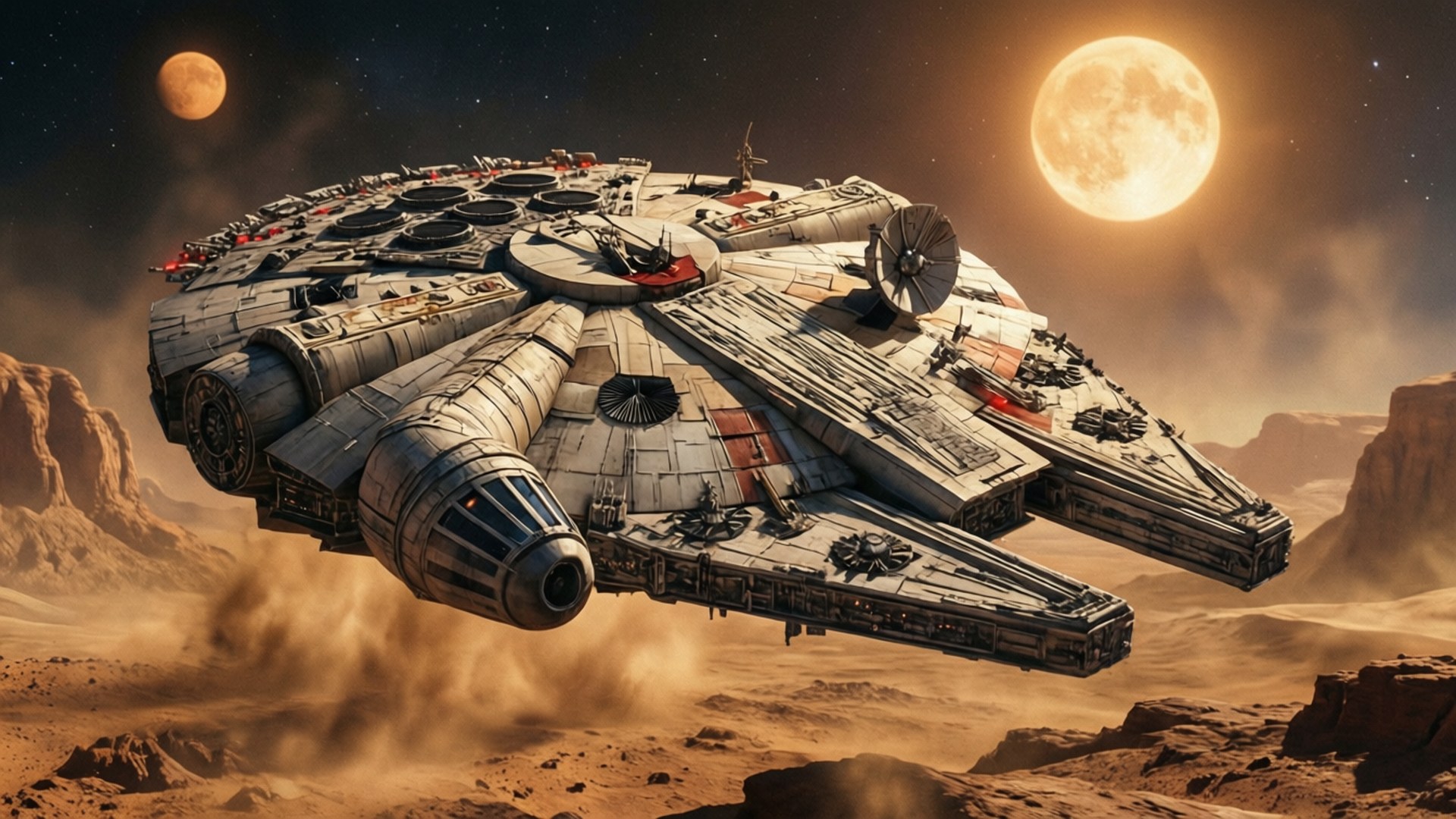 Millennium Falcon svever over en ørkenplanet med tvilling-soler.