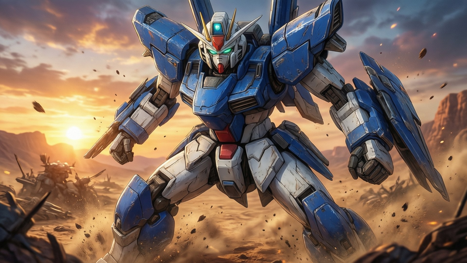 Dynamisk anime mecha-robot i ökenstridsscen vid solnedgång