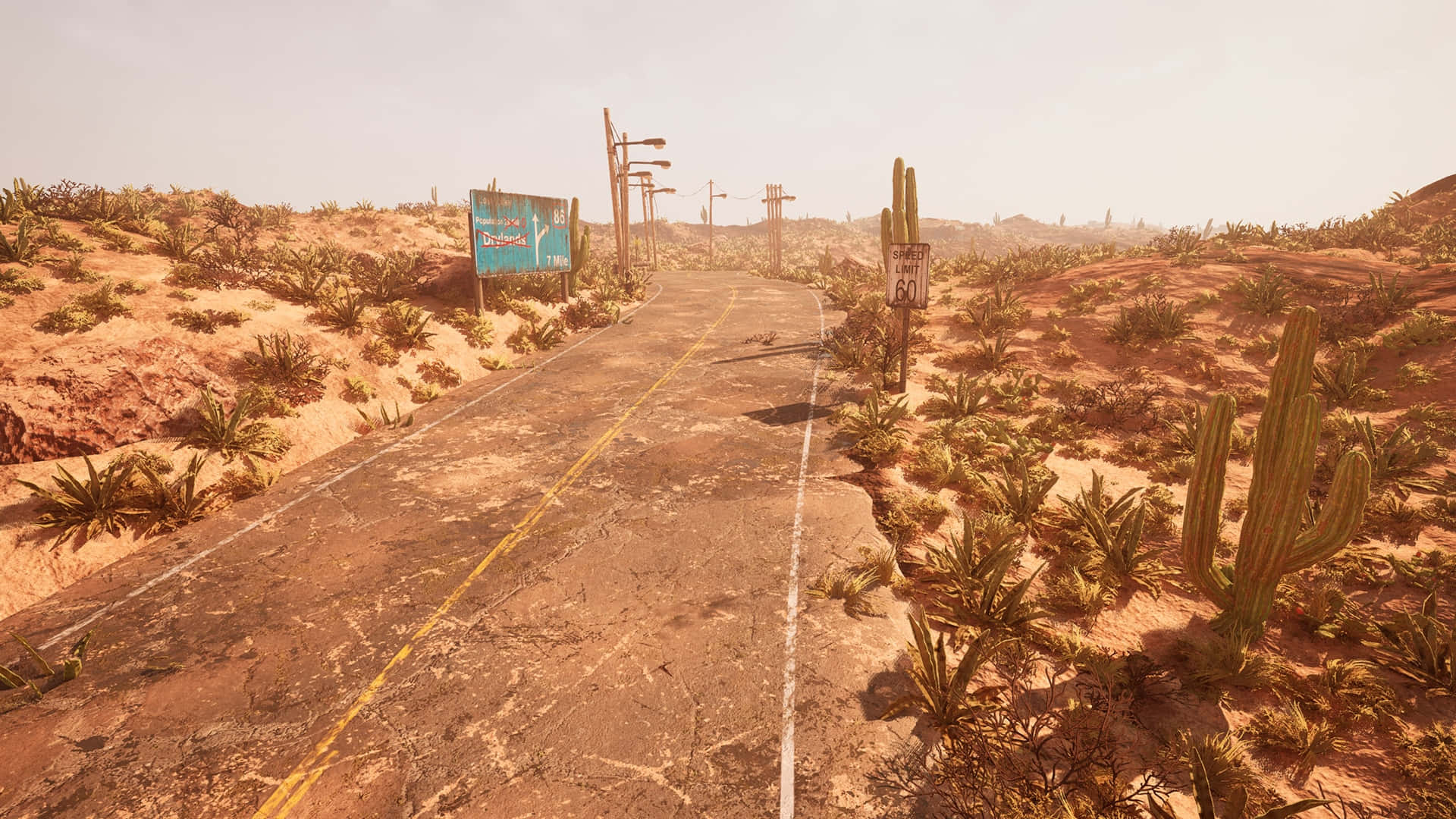 A Desert Road With Cactus And A Sign