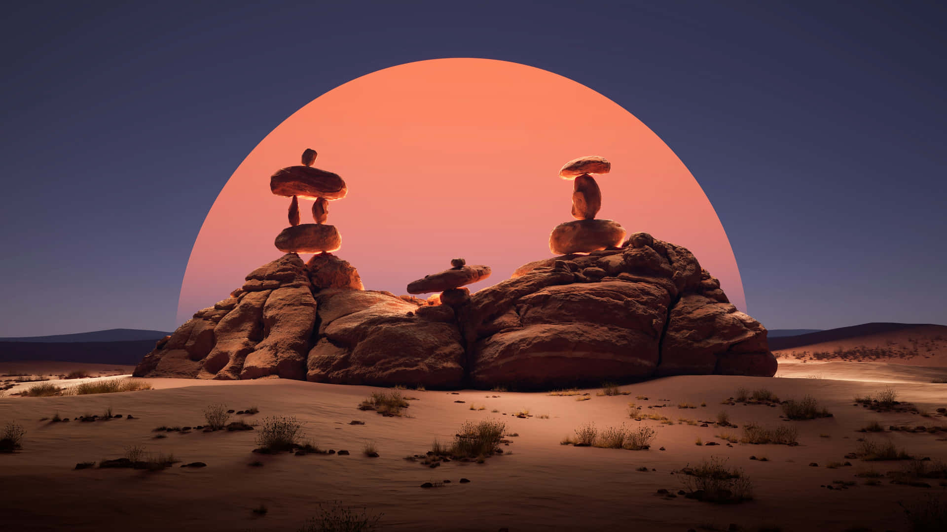 Desert_ Rocks_ Under_ Giant_ Sun Wallpaper