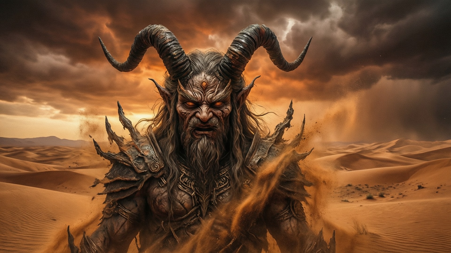 Baphomet in a desert sandstorm, apocalyptic wallpaper.