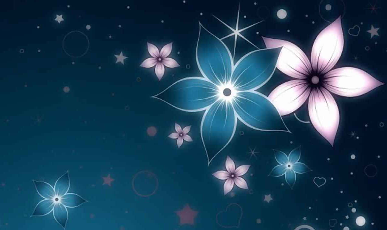 A Blue Background With Pink And Blue Flowers Wallpaper