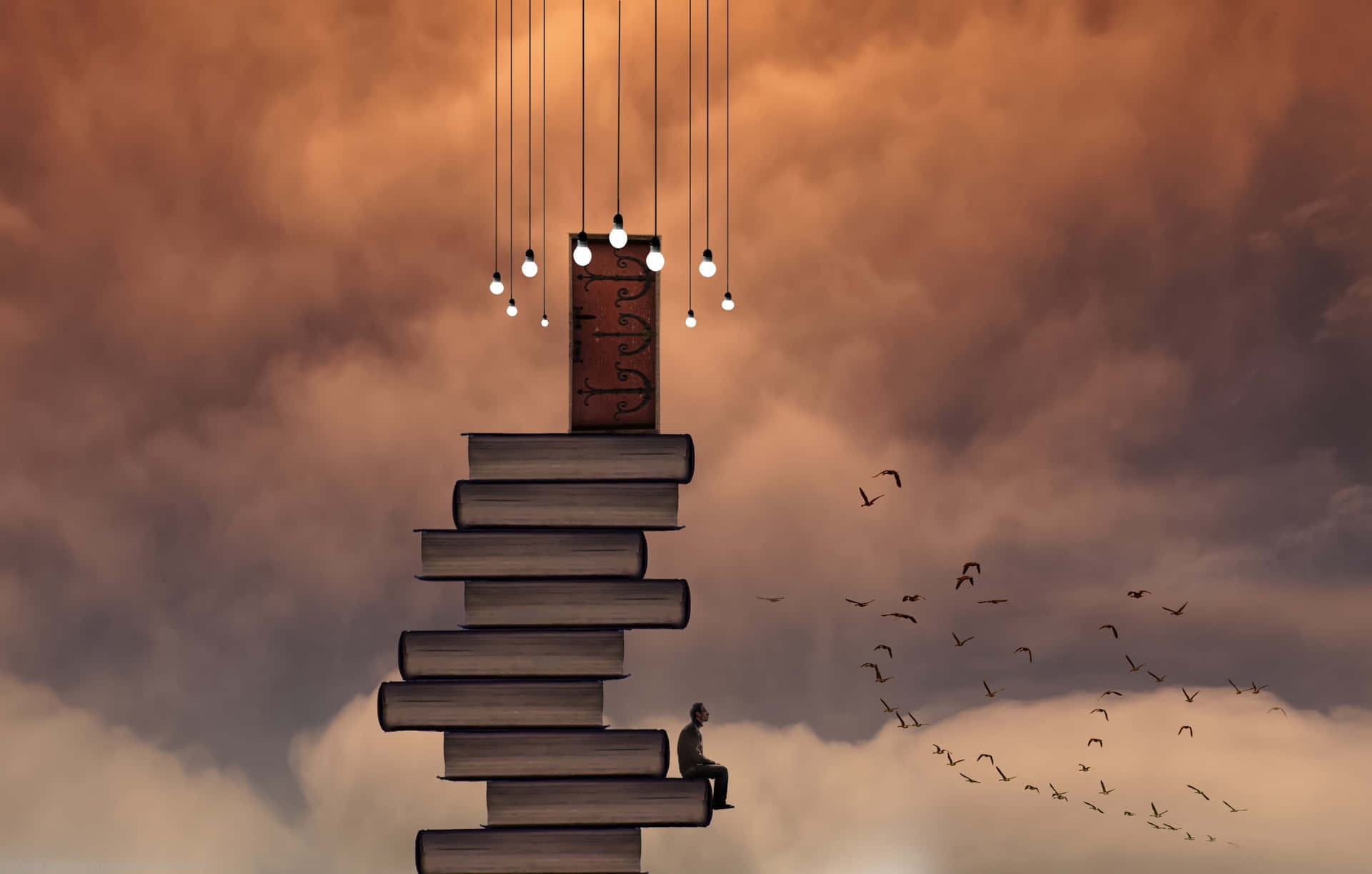 En stak bøger med en person stående på toppen af dem Wallpaper