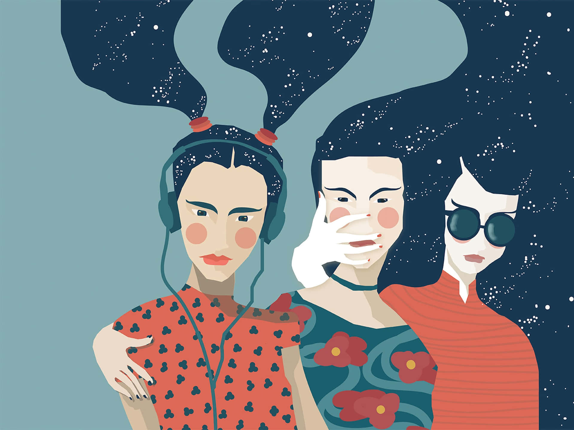 Three Women With Headphones Wallpaper