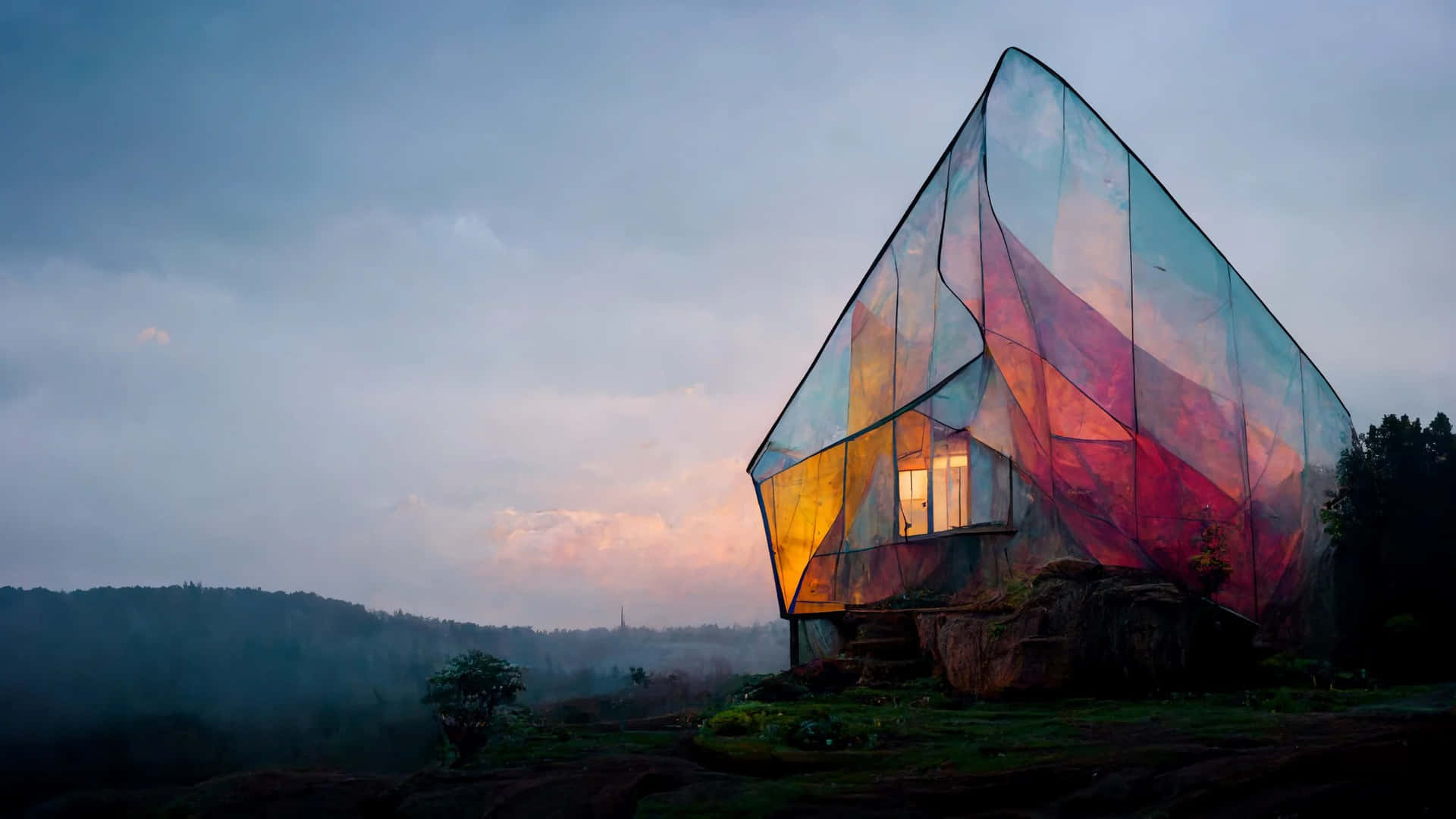 A Colorful Glass House Sitting On Top Of A Mountain